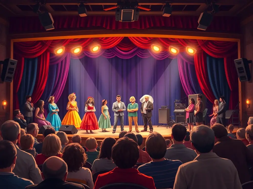 A captivating image of a theatrical performance showcasing local artists in a community theater setting, highlighting the performing arts aspect of LES BARBARES.