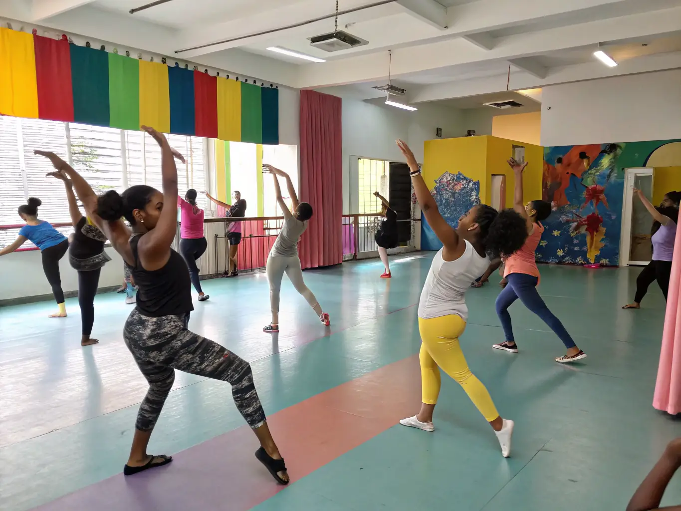 A vibrant image showcasing participants engaged in a performing arts workshop, with diverse individuals collaborating and expressing their creativity through movement and expression.