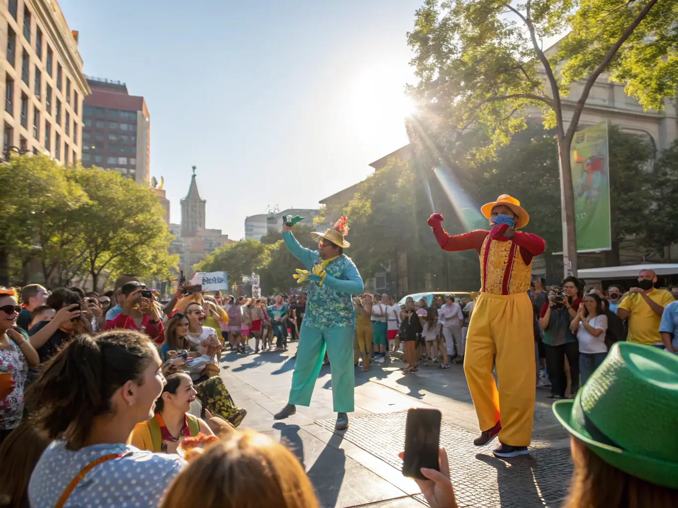 An inspiring image of a vibrant community performance with artists engaging with an enthusiastic audience in a scenic outdoor setting, representing LES BARBARES' Cultural and Artistic Programs.