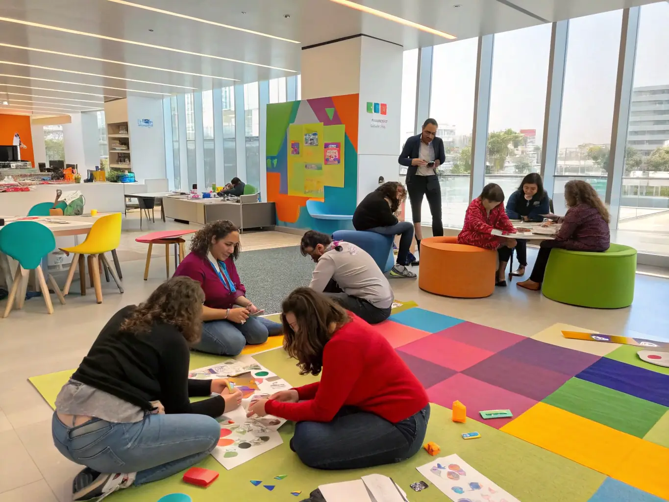 A photograph capturing a dynamic workshop session where participants are actively involved in learning about audiovisual media production techniques.