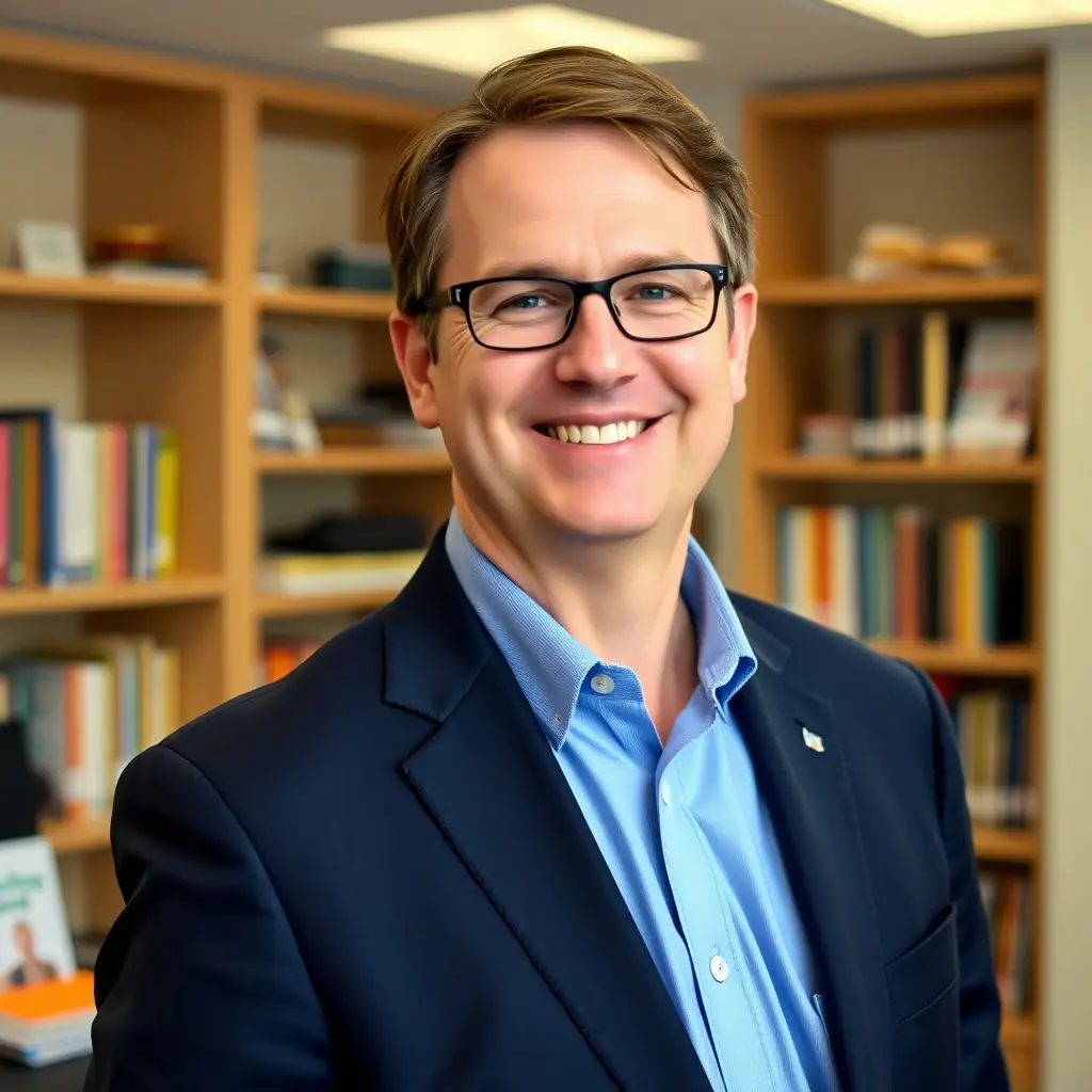 A professional portrait of a smiling middle-aged man with short brown hair and glasses, wearing a suit and tie, standing in front of a bookshelf.