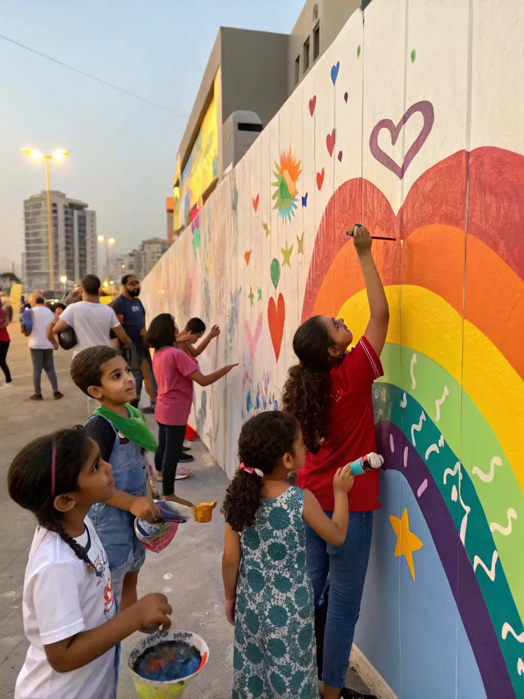 A diverse group of community members participating in a street art workshop, led by a local artist, creating a vibrant mural that reflects the neighborhood's identity and spirit.