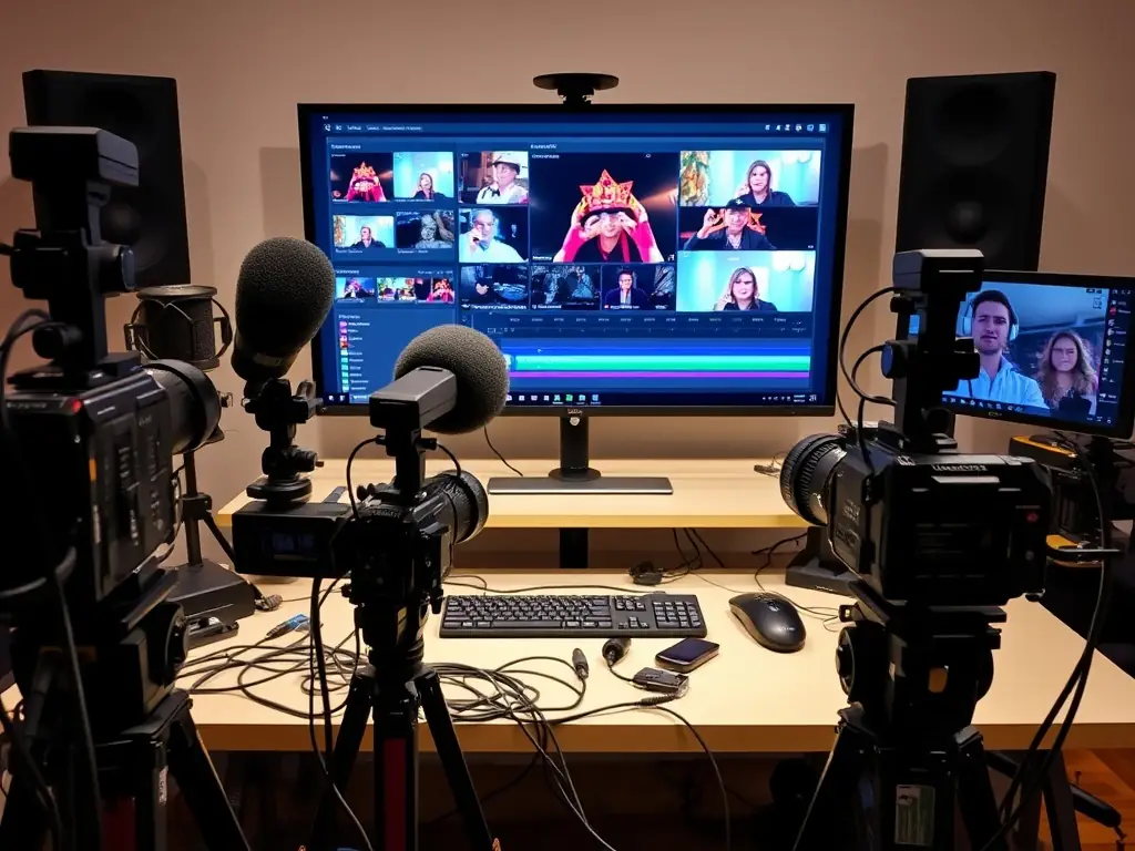 A visually appealing image of an audiovisual media production session, featuring individuals working with cameras, sound equipment, and editing software to create compelling content.